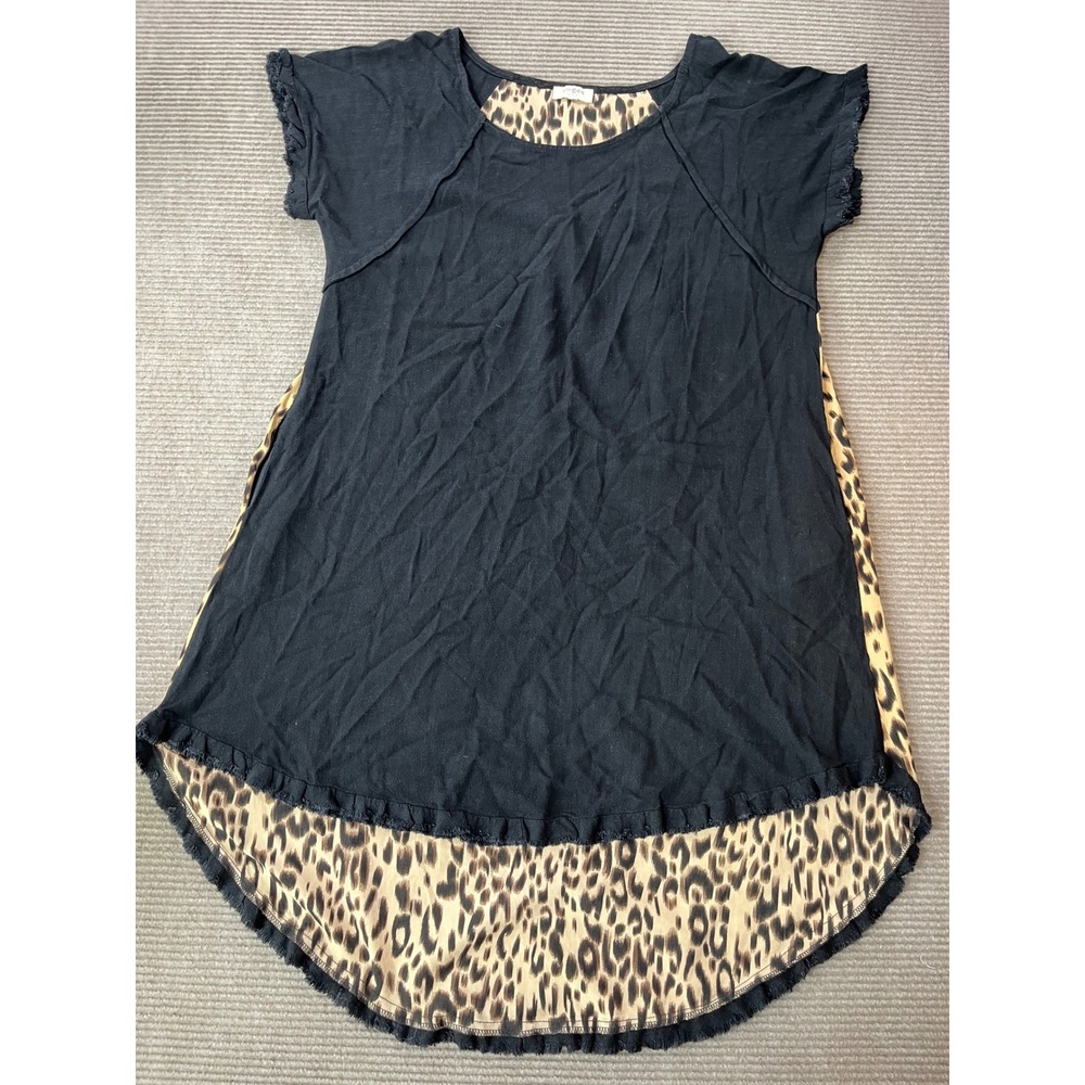 Umgee Women Black Leopard Print Linen Blend High Low Tunic Top‎ Size Large